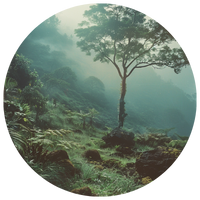 A solitary tree stands amidst a misty mountainous landscape.