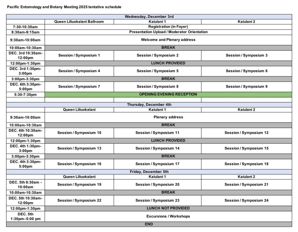 Tentative schedule for the Pacific Entomology and Botany Meeting 2025 showing session times, breaks, meals, and venues from December 3 to 5.