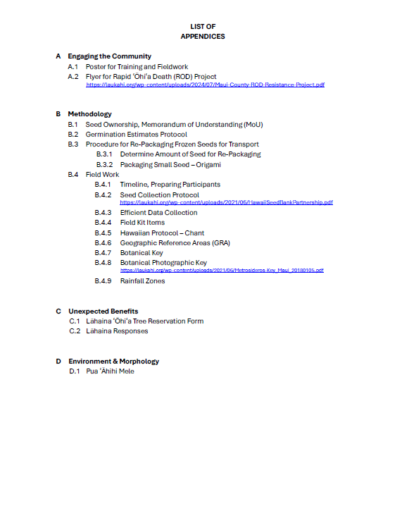 Table of appendices with section headings, appendix codes, descriptions, and linked documents related to fieldwork, benefits, and environment.