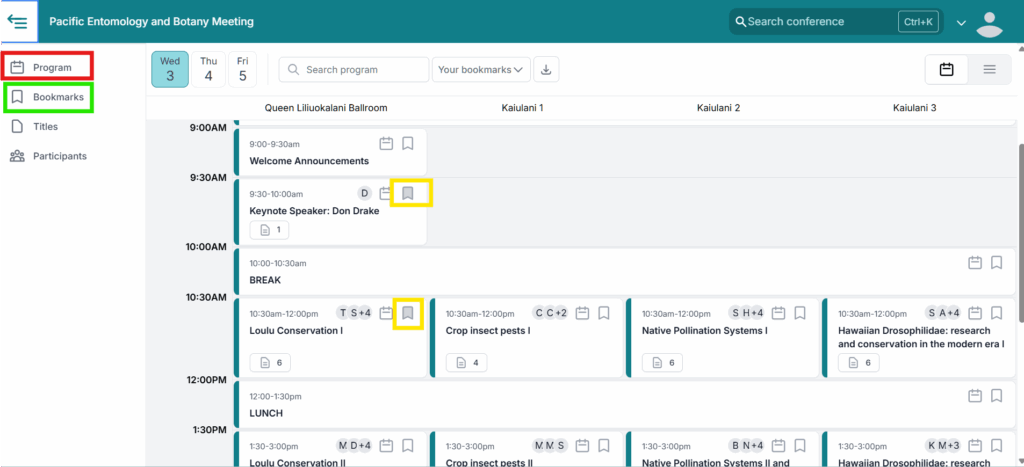 Conference schedule interface showing sessions and times for Wednesday the 3rd; "Program" and "Bookmarks" highlighted, and two bookmark icons outlined in yellow.