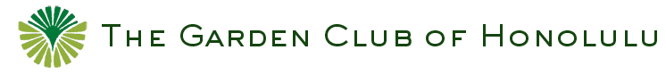 Logo of The Garden Club of Honolulu with a green abstract floral design to the left of the organization’s name in green uppercase and lowercase letters on a gray background.