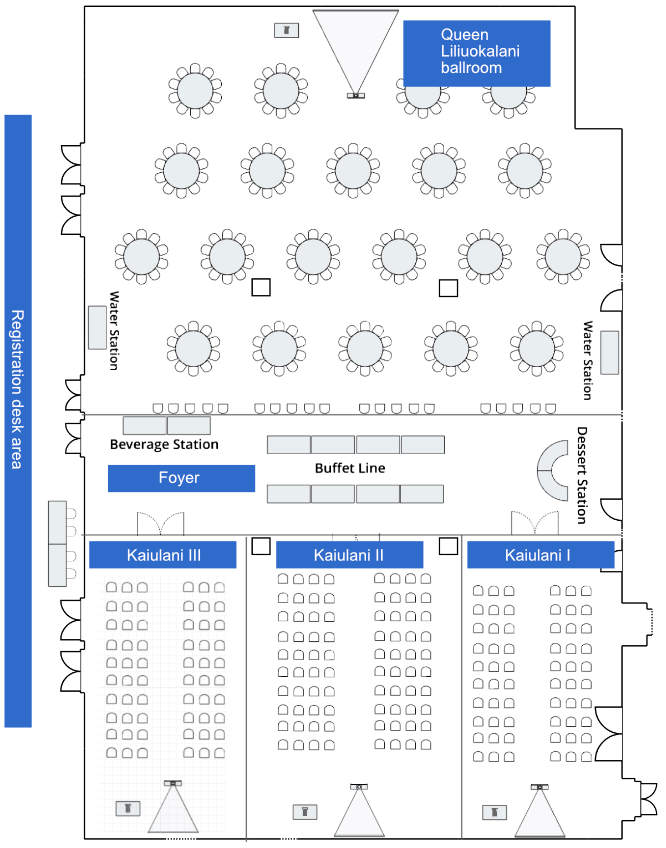 Floor plan showing the Queen Liliuokalani ballroom with round tables, three Kaiulani meeting rooms with rows of chairs, buffet line, stations, and registration desk area.
